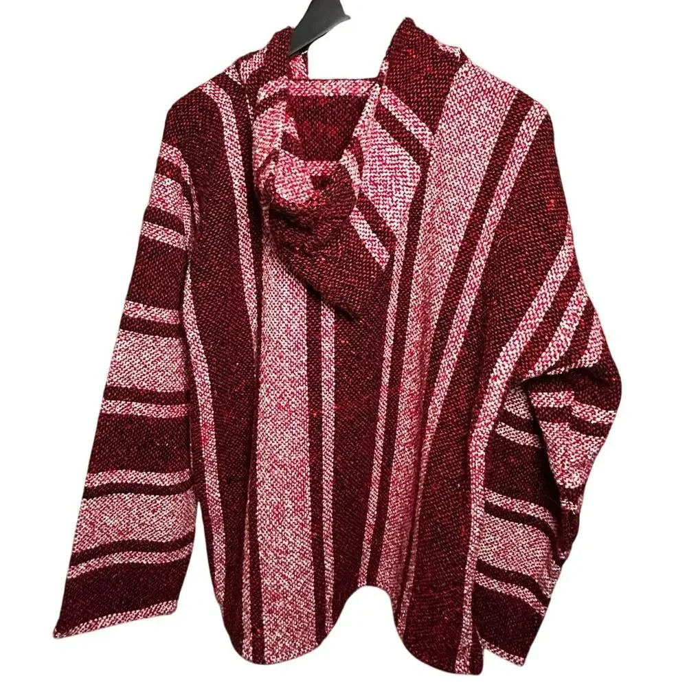 VTG Mexican Baja Hoodie Jerga Drug Rug Striped Red White Large Boho Gorpcore